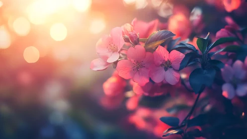 Pink blossoms are shown in shallow focus under backlighting.