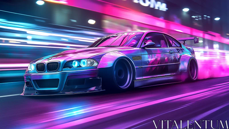 Modified sports coupe moves through neon lit urban roadway