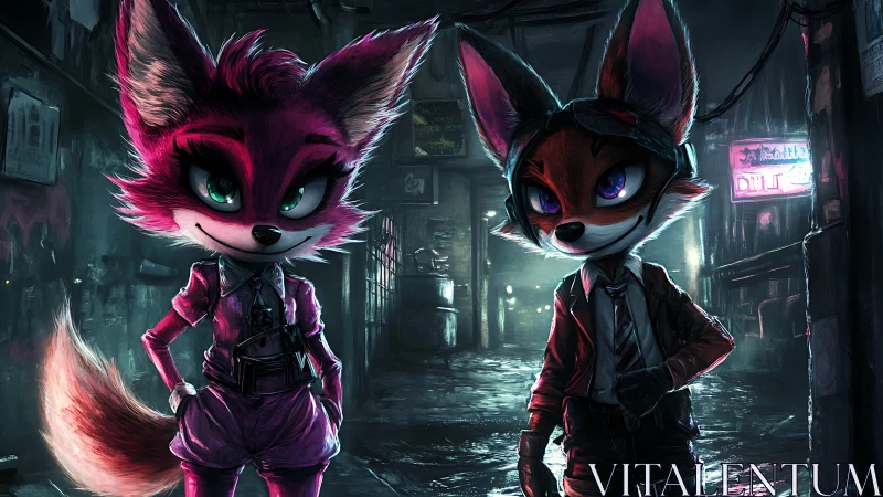 Neon alley fox duo in cinematic cyberpunk glow at night.