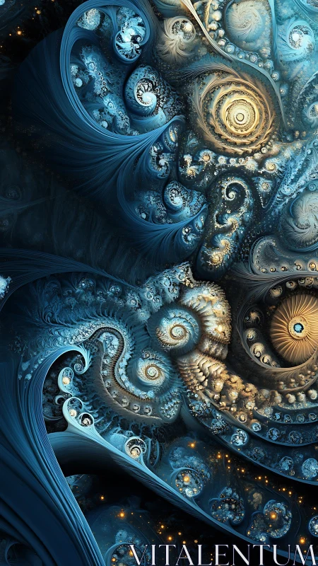 Celestial blue fractal whirlpools with golden vortex cores.