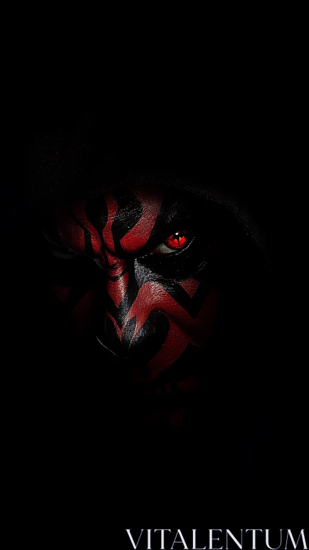 Red-eyed masked figure emerges from darkness in shadowed frame.