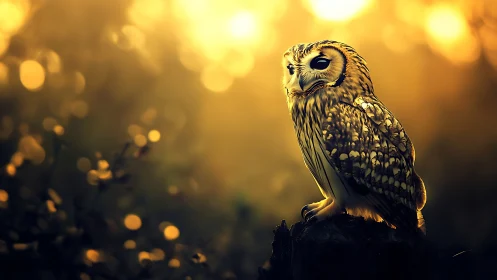 Majestic Owl on Tree Stump in Warm Golden Sunset Light.