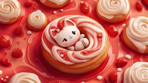 Whimsical 3D Character Nestled in Strawberry-Frosted Pastry Composition.