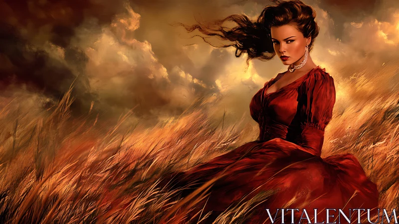 Woman in red dress stands in windswept golden field at dusk