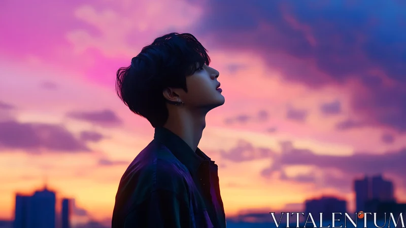 Silhouetted youth in neon twilight city skyline glow.