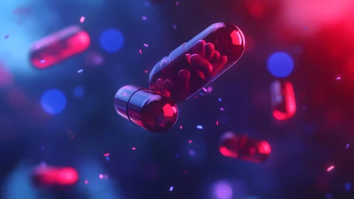 Vibrant Red Capsules Floating in Futuristic Neon Lighting.