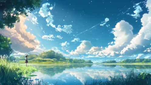 Girl standing beside reflective lake under expansive sky.