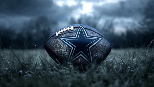 Textured football rests on wet grass under stormy sky