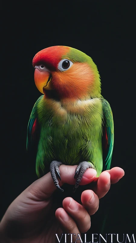 Colorful lovebird rests on human hand against dark backdrop
