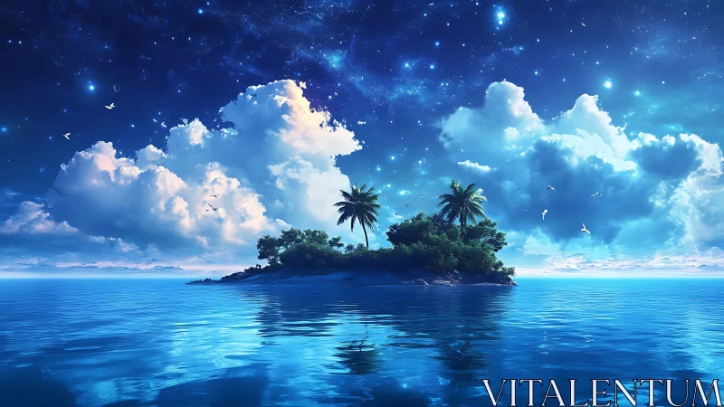Tropical Island Landscape with Celestial Sky Elements.