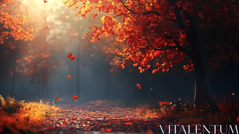 Autumn forest with falling maple leaves and misty light rays
