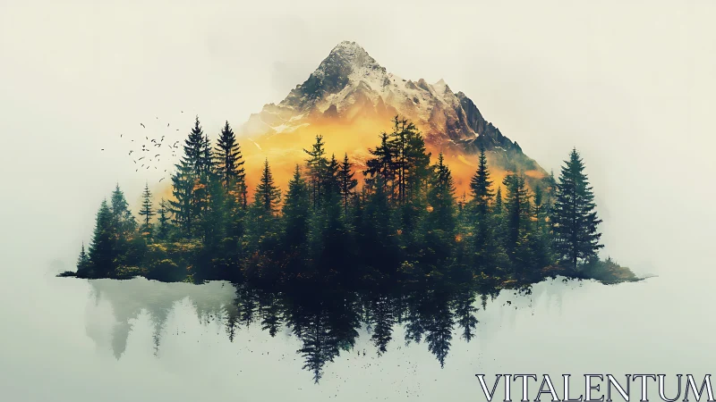 Isolated conifer island with mirrored alpine massif reflection.