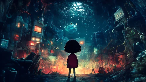 Solitary child observes cybernetic cavern under falling light