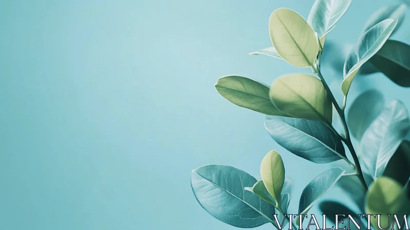 Minimalist green plant branch with blue background, soft light.