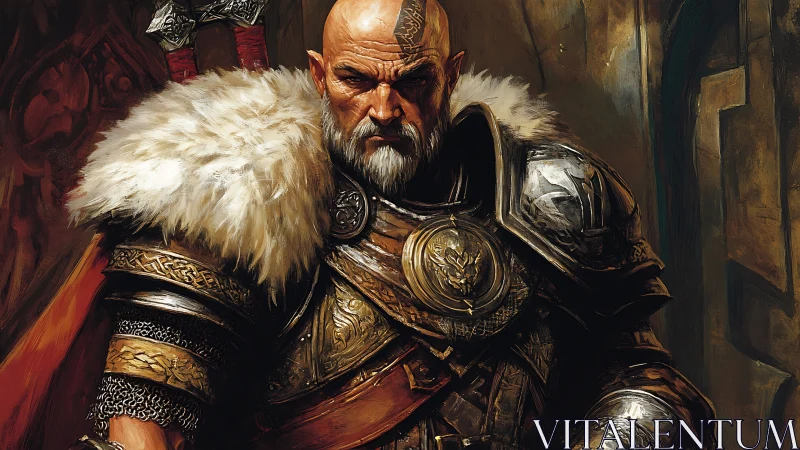 Armored warrior portrait in ornate fur-trimmed battle gear.