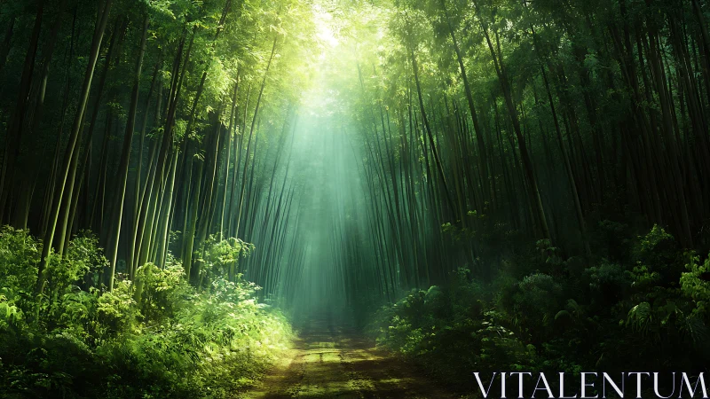 Bamboo forest pathway with diffused sunlight penetrating dense canopy structure