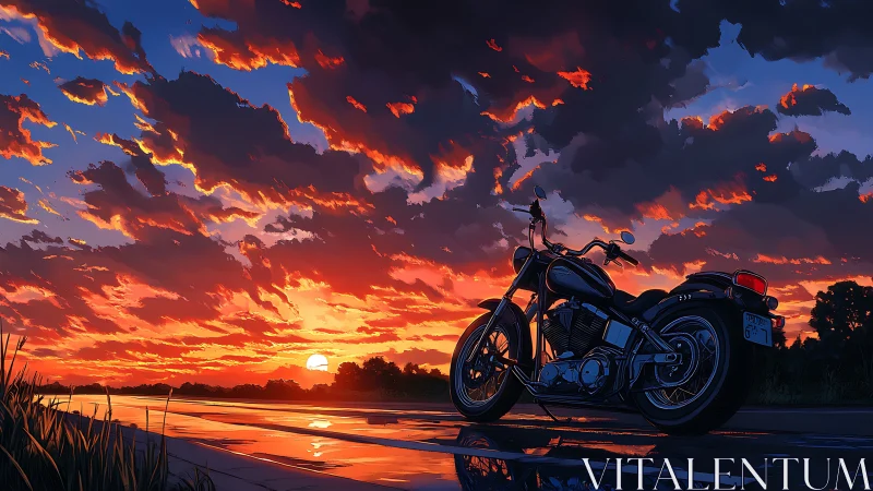 Custom cruiser motorcycle at reflective sunset highway.