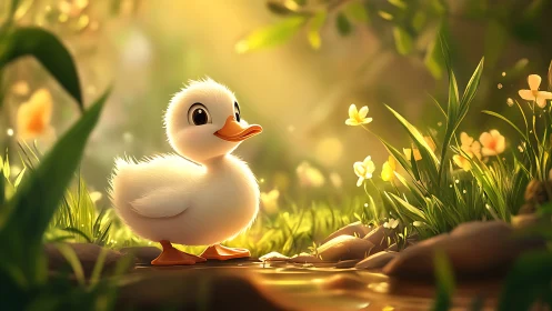 Cute duckling in glowing forest stream at golden hour.