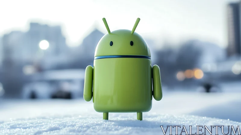 Friendly green android mascot exploring fresh winter snow.