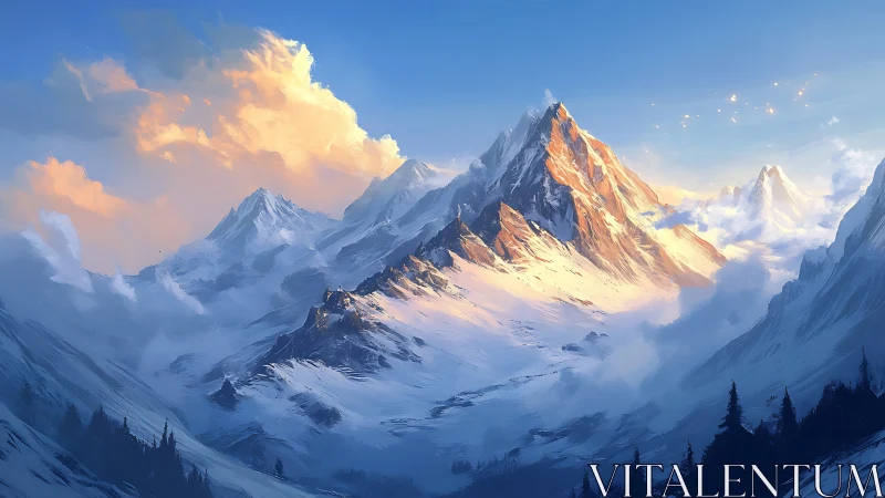 High-altitude snow peaks rendered with warm rim lighting gradients