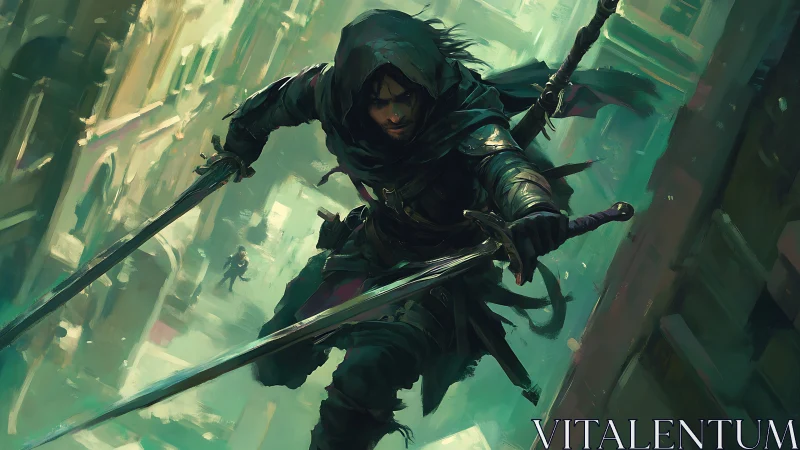 Shadowstep rogue dives through emerald city canyons at dusk.