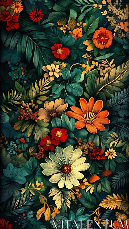 Botanical Illustration with Layered Floral Composition