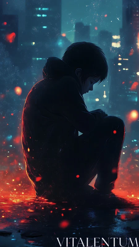 Solitary youth glows against neon-soaked night cityscape.