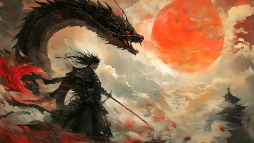 Crimson sun stares down samurai and storm-born dragon.