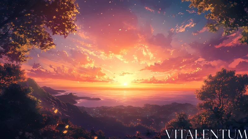 Vibrant anime sunset over coastal city and mountainscape.