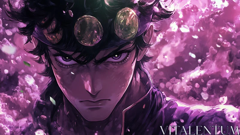 Intense anime warrior portrait in swirling violet energy field.