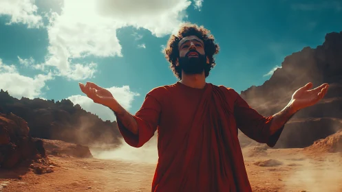 Man in red robe standing in arid rocky valley with dust clouds.