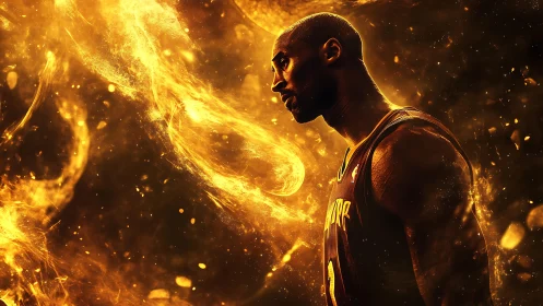 Golden spectral athlete amid turbulent particulate luminance.