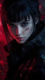 Scarred woman in rainlit red and blue cyberpunk scene.