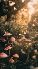 Luminescent fly agaric microhabitat under golden bokeh haze.