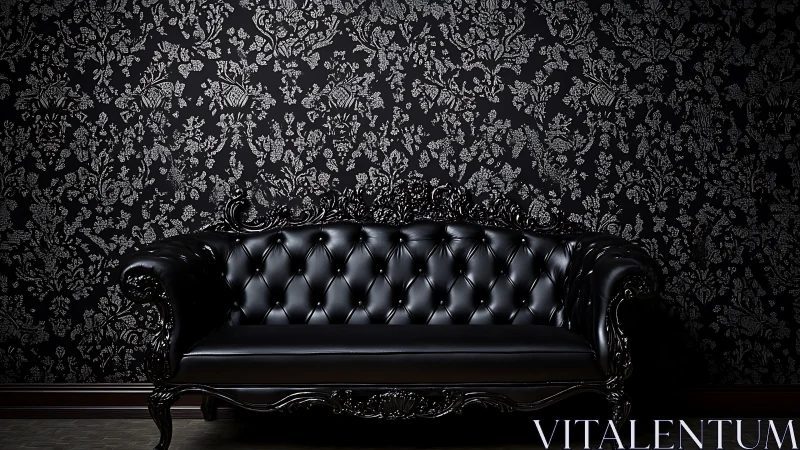 Photorealistic baroque leather sofa against damask wall.