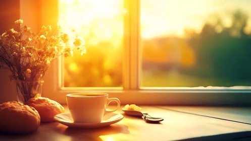 Coffee cup, bread and flowers by bright sunlit window.