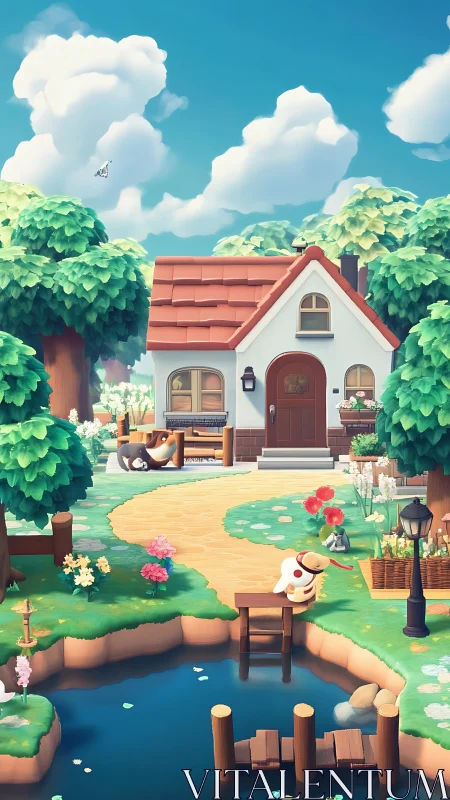 Pastel village cottage with riverside dock and stylized trees.