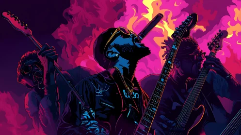 Neon-lit rock trio rendered in high-contrast vector gradients