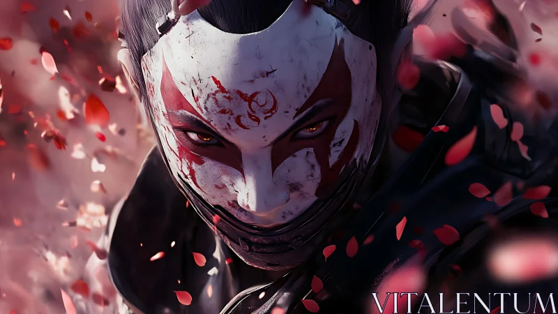 Masked cybernetic warrior stares forward amid falling petals