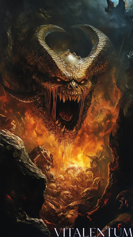 Horned inferno titan roaring over a blazing underworld.