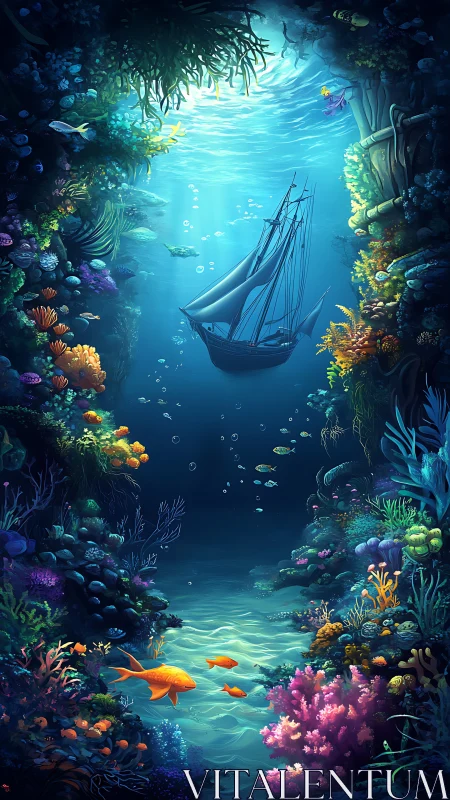 Sunken sailing ship amid luminous coral reef canyon.