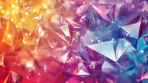 Prismatic shards drift through molten sunset and neon dusk