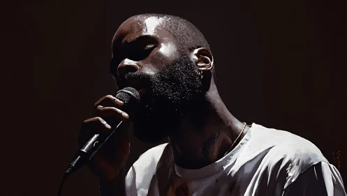 Sweat-lit vocalist in moody spotlight performance portrait.