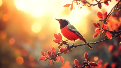 Vibrant Songbird on Autumn Branch in Warm Golden Light.