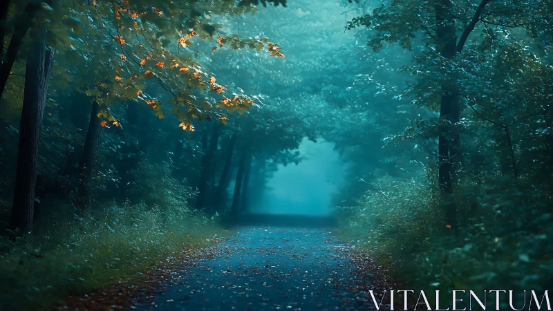 Forest pathway with teal lighting and golden canopy foliage.