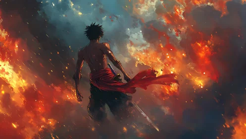 Sword-bearing wanderer strolls through a storm of burning sky