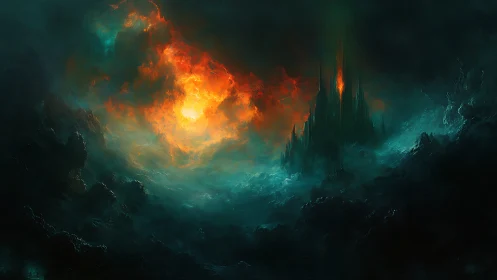 Infernal citadel emerging through stormlit volcanic abyss.