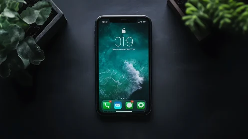Black iPhone displays locked screen with ocean wave wallpaper and time