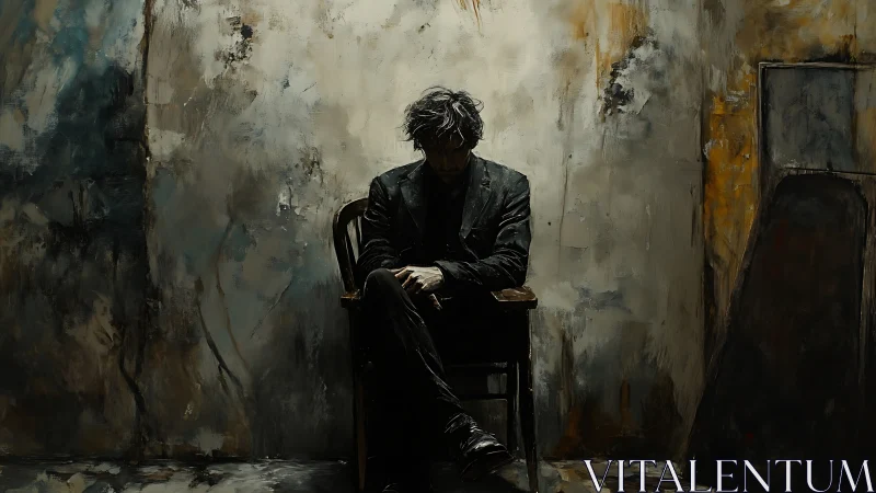 Seated male figure occupies dim interior against textured wall