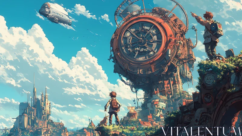 Skybound clocktower city and two young wanderers in awe.